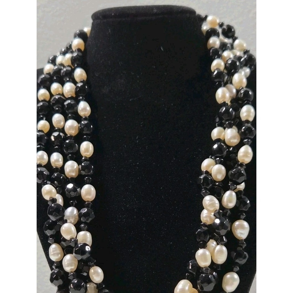 Pair‎ Vintage Necklaces  Acrylic Faux Onyx & Pearl 9" Drop Faux Onyx 12" Drop